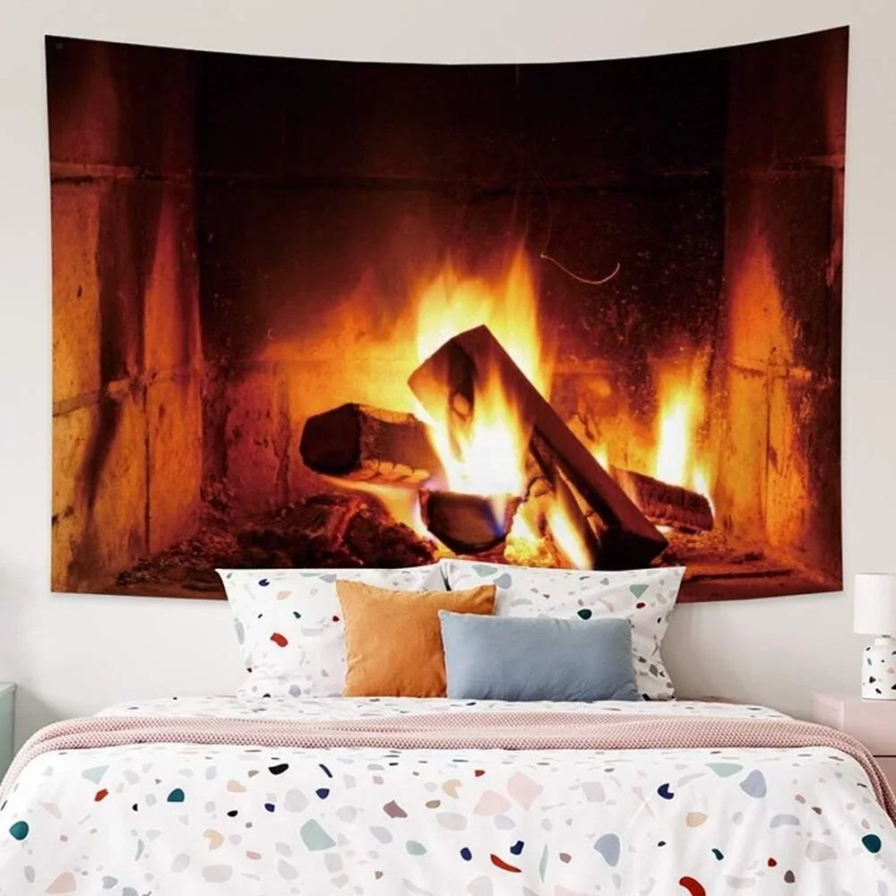 NEW 39.4x27.6" Burning Fire Tapestry Christmas Wood Fireplace Bright Brick Wall - Picture 5 of 7